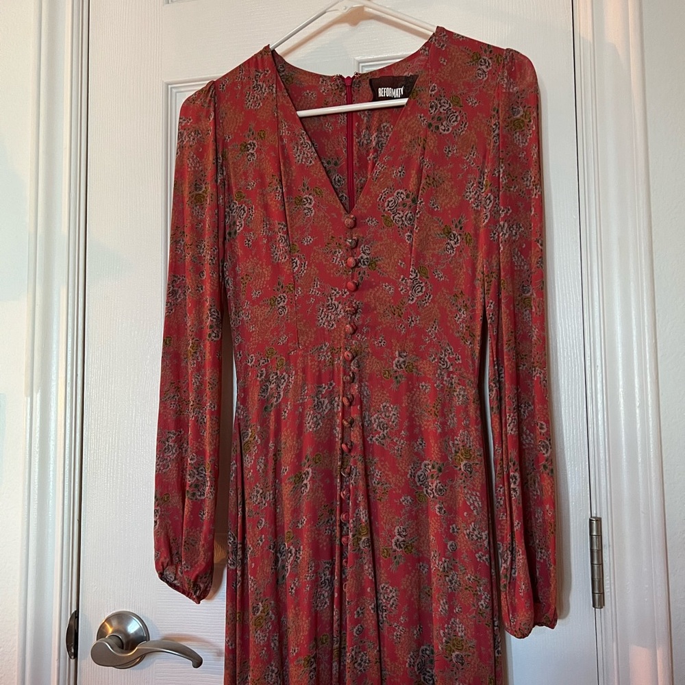 Reformation Red Floral Long Sleeve Dress - Picture 3 of 6